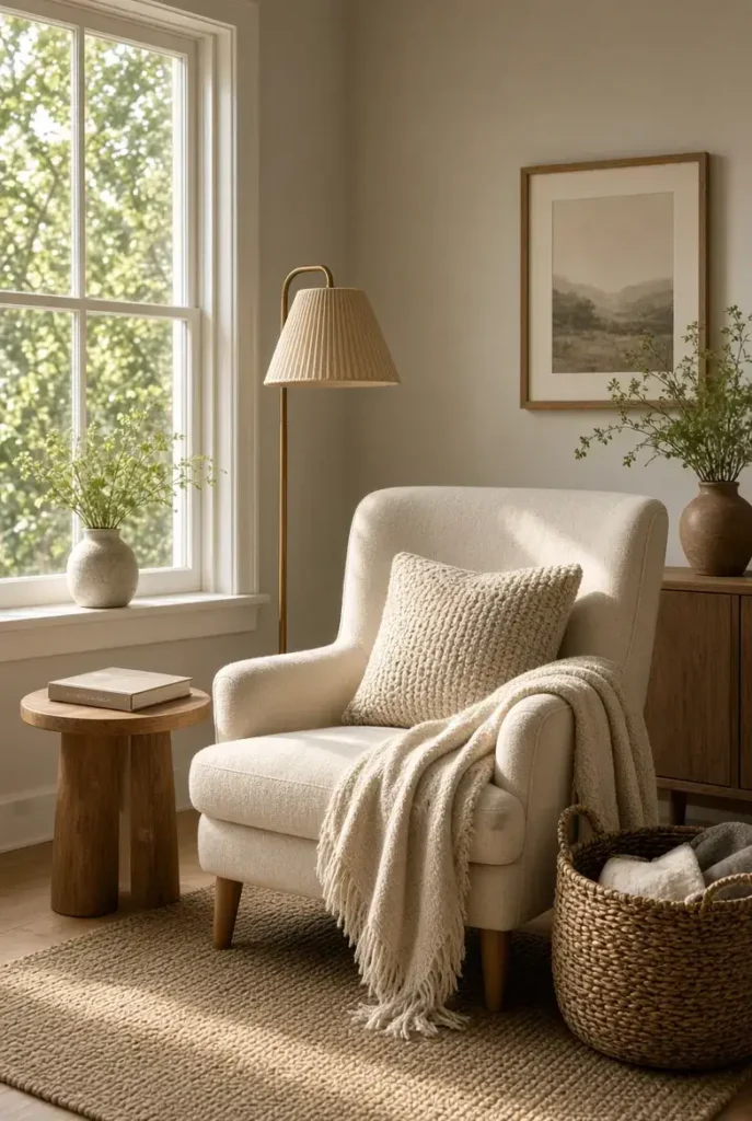 Cozy living room reading corner with armchair, floor lamp, book, and soft throw