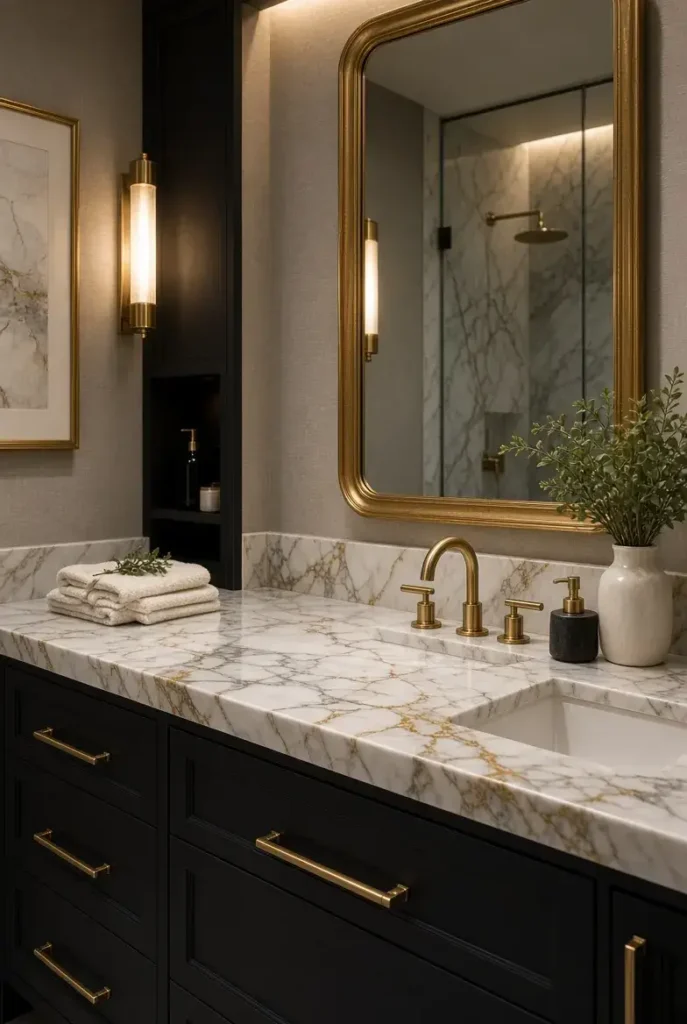 Black shower with brushed gold fixtures and clear glass doors