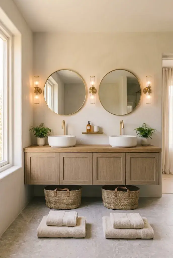 Double bathroom vanity with two white sinks, wood cabinetry, and brass fixtures