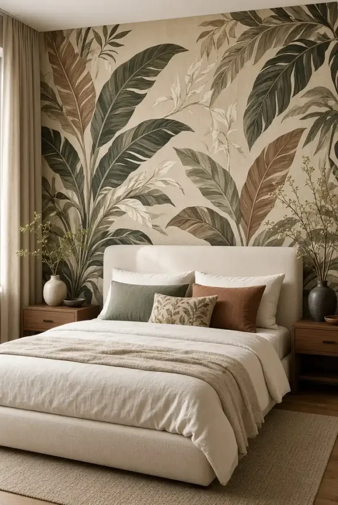 Bold botanical statement wallpaper bedroom accent wall