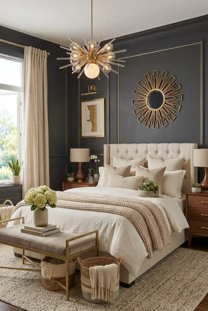 Dark gray bedroom softened with cream bedding, ivory curtains, beige accents, and warm natural wood.