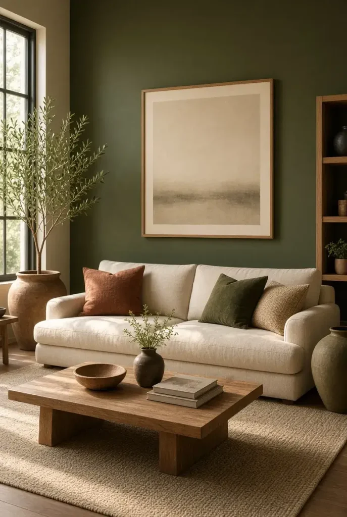 Olive green accent wall adding bold color behind a cream sofa in a living room.