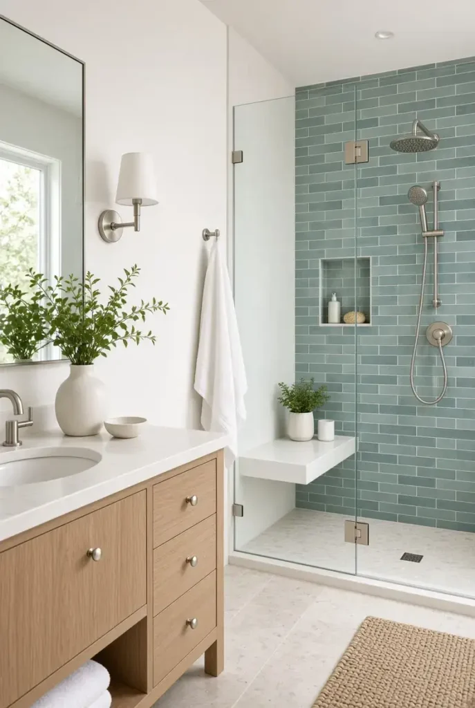 Small teal and white bathroom with modern walk-in shower
