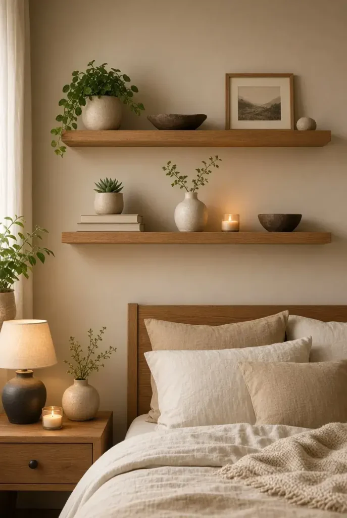 Floating wooden shelves decorated with plants and artwork in a bedroom