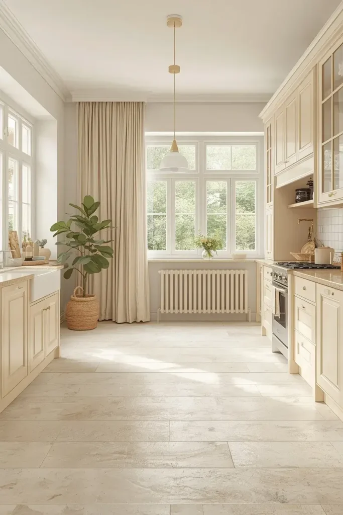 Soft cream kitchen tile floor with beige cabinets, pale wood accents, and bright natural light.