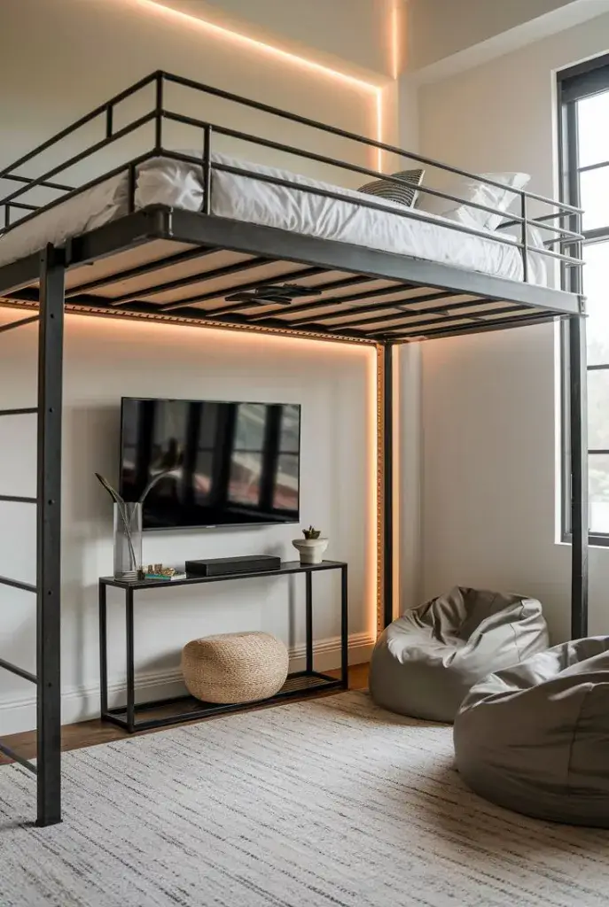 Industrial style loft bed with black metal and warm wood