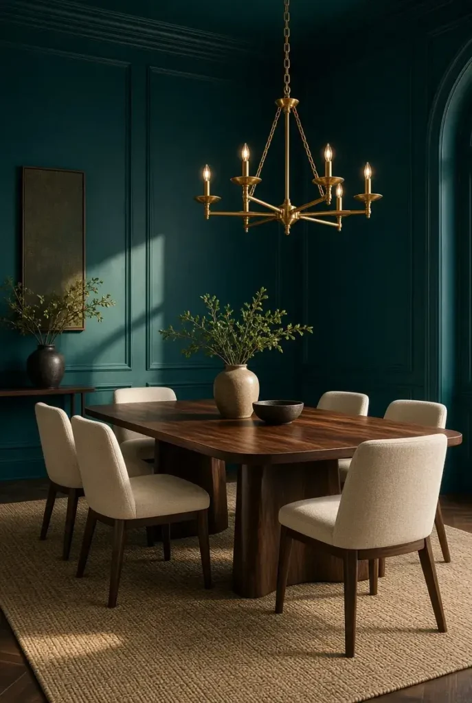 Deep teal dining room with walnut table, cream chairs, and brass chandelier.