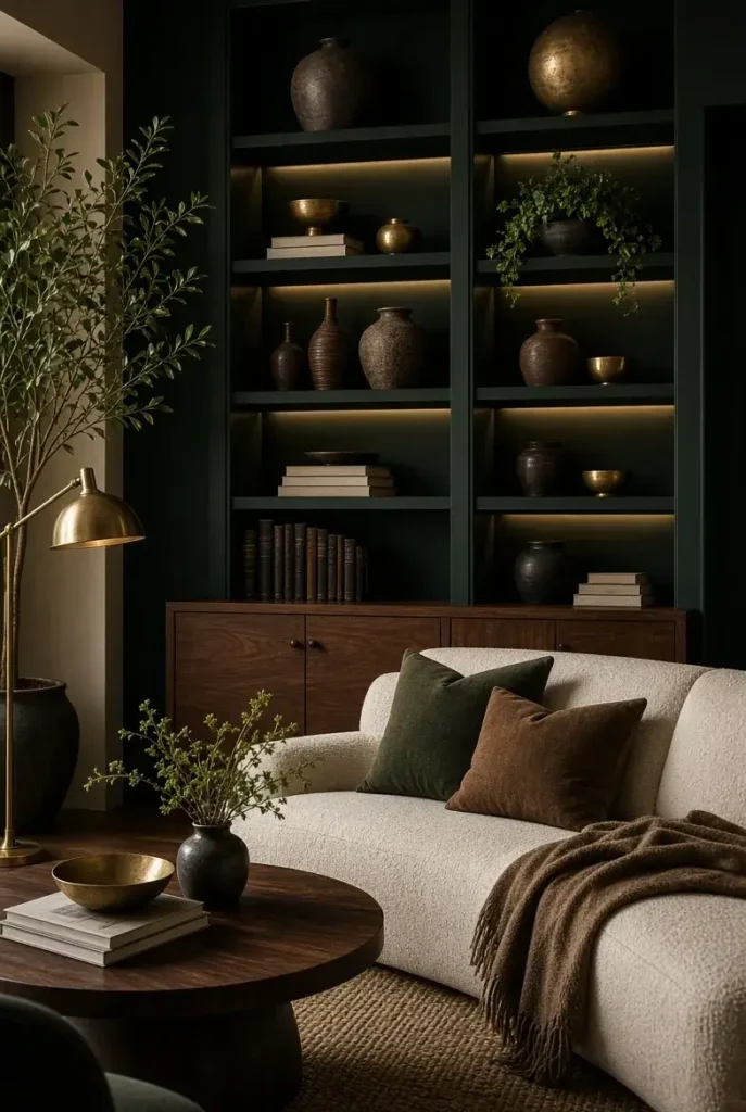 Dark green built in shelves with walnut accents and warm lighting in a cozy living room