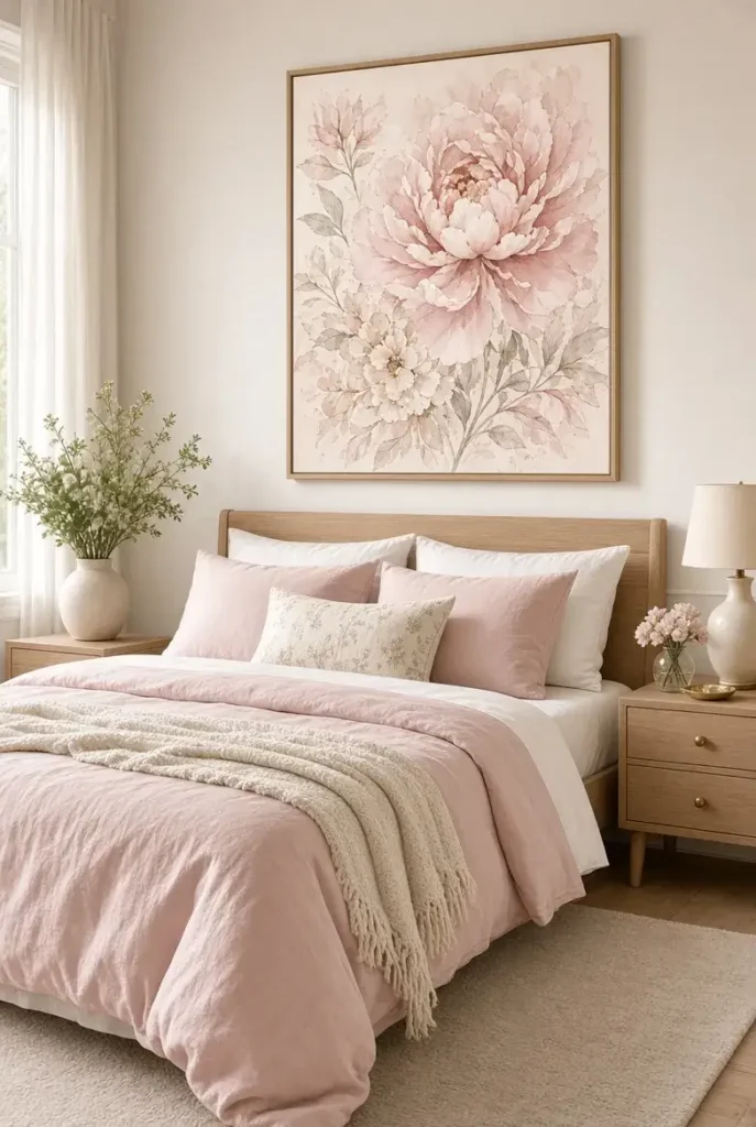 Pink floral artwork above a cozy bed with blush bedding and soft neutral bedroom decor.