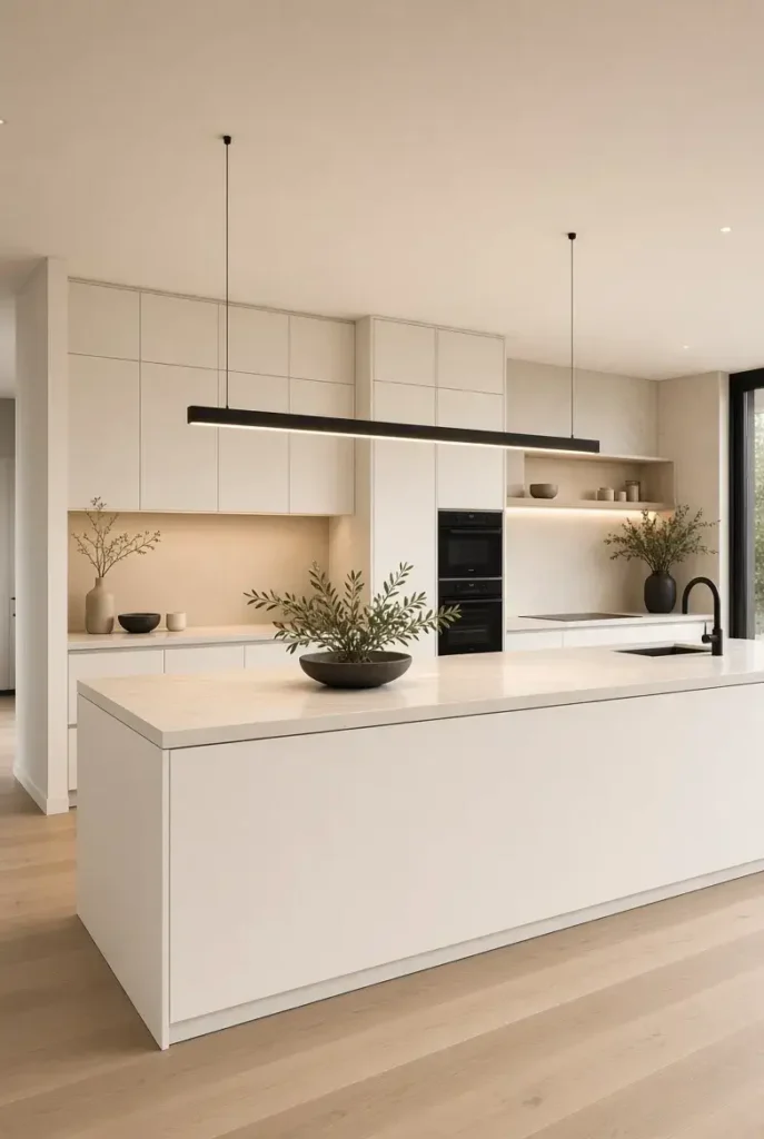 Kitchen with black pendant lights and mixed metal finishes