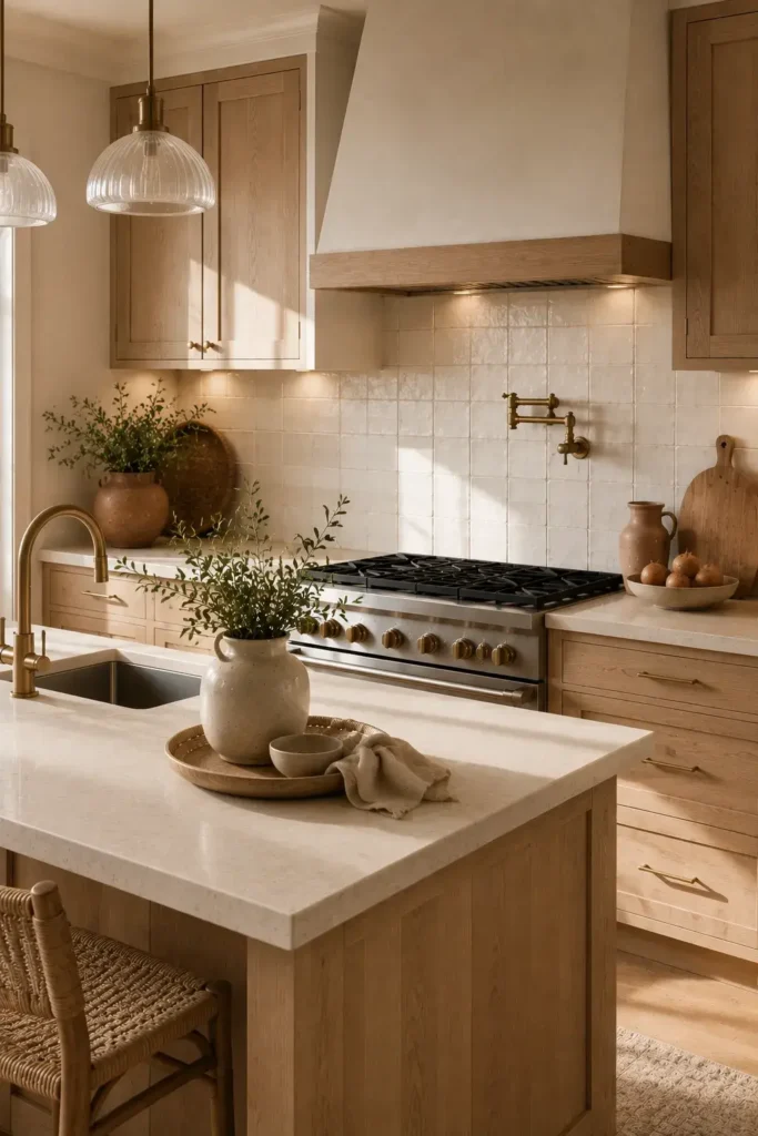 Handmade cream tile backsplash with light oak cabinets and brass kitchen fixtures