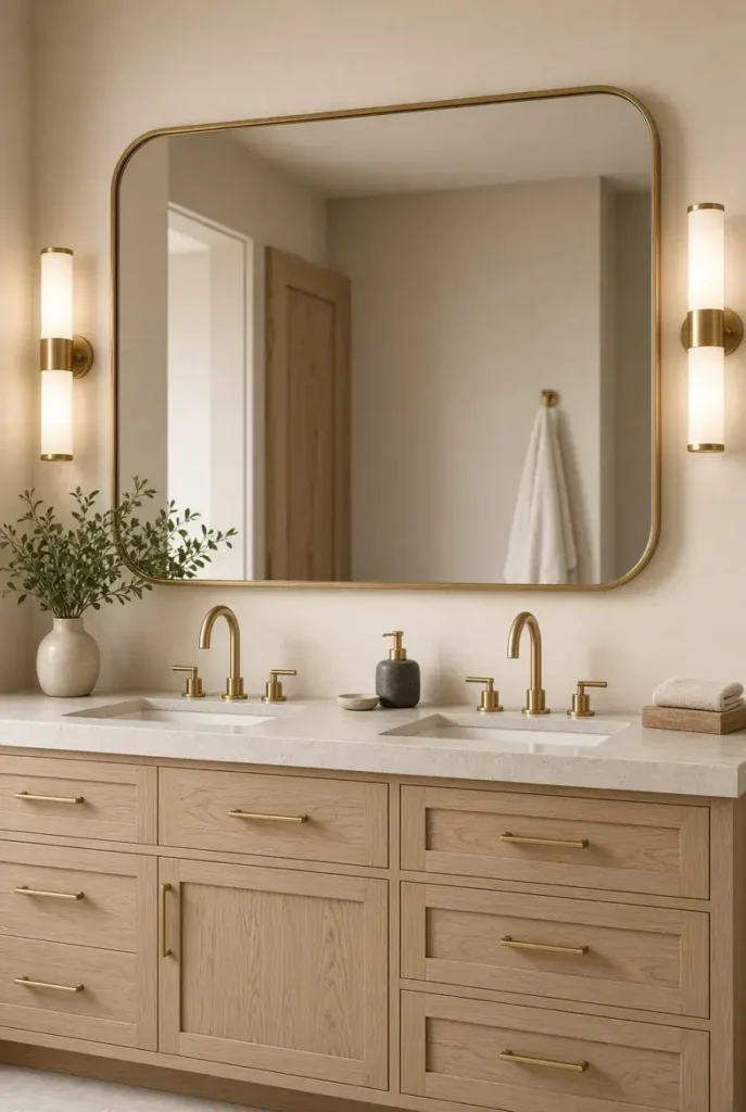 Large brass-framed mirror above a primary bathroom double vanity
