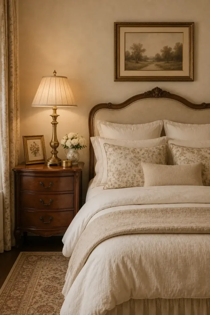 Vintage bedroom lamp with a pleated shade beside a classic bed