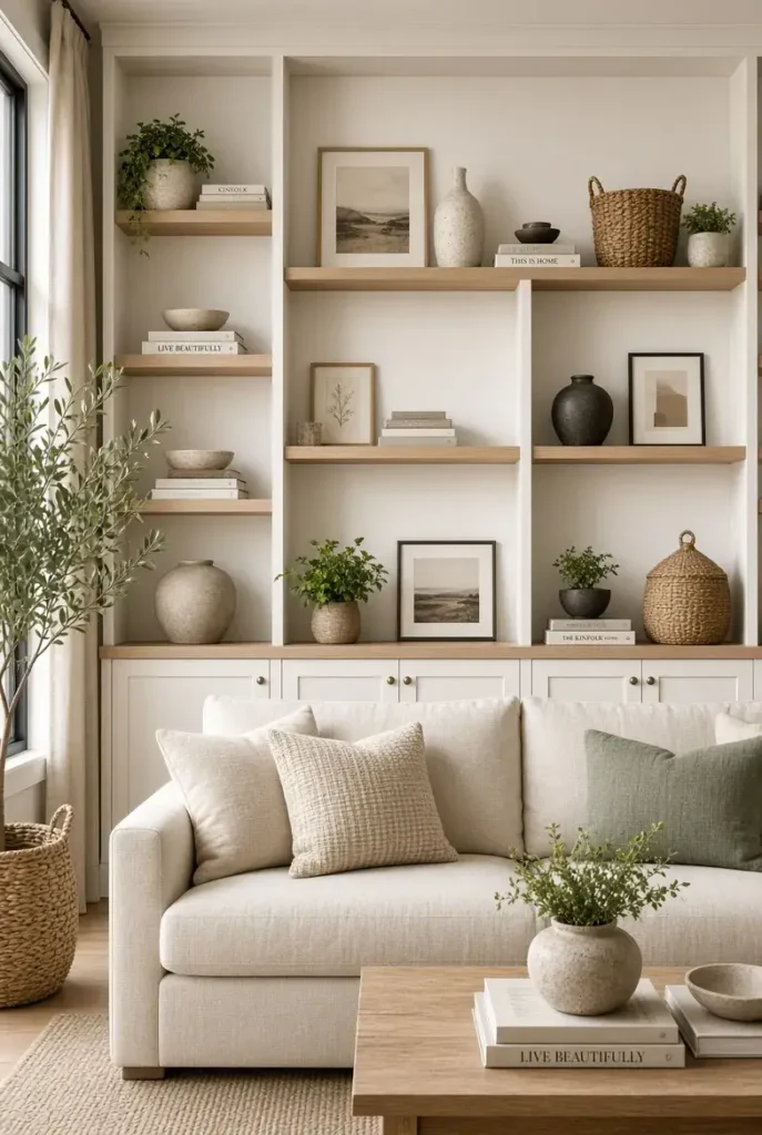 Living room with built-in shelves decorated with books, artwork, plants, and ceramics