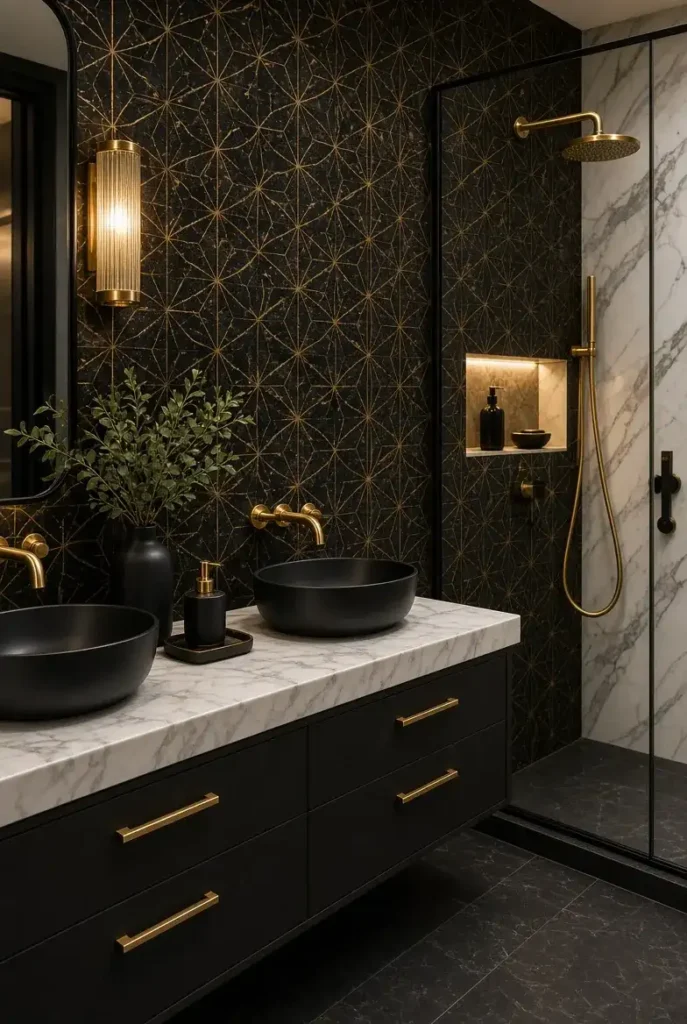 Black bathroom shelves styled with gold decor and cream towels