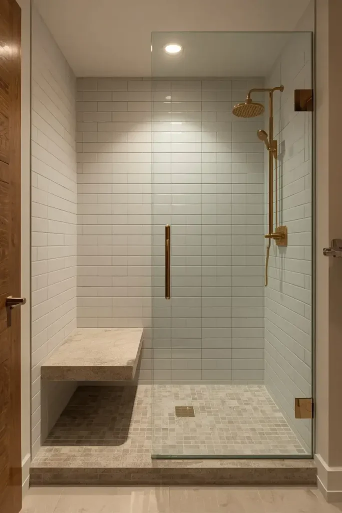 Small shower with a floating bench and modern spa-inspired design