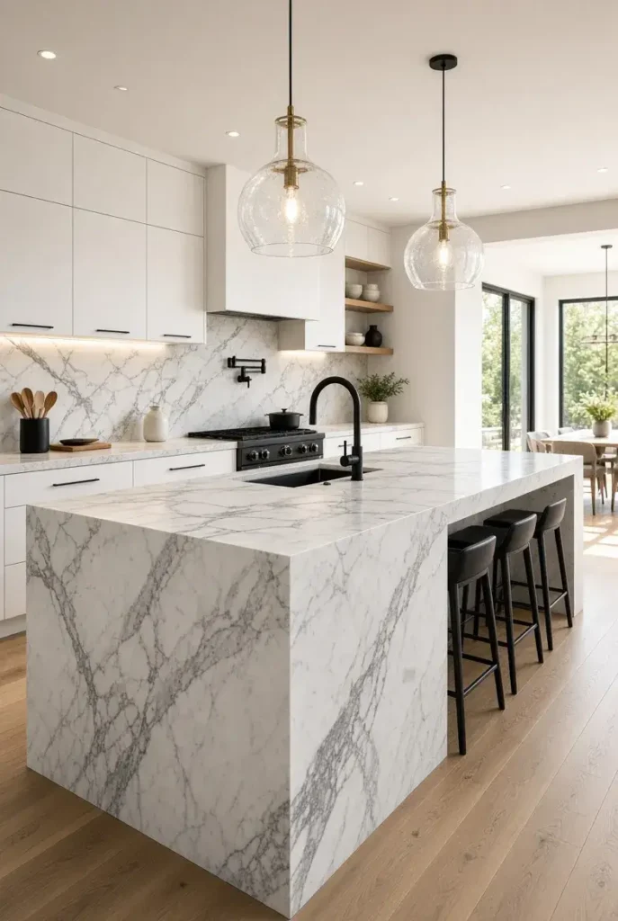 Seamless veined stone waterfall island with matching countertop and sides.