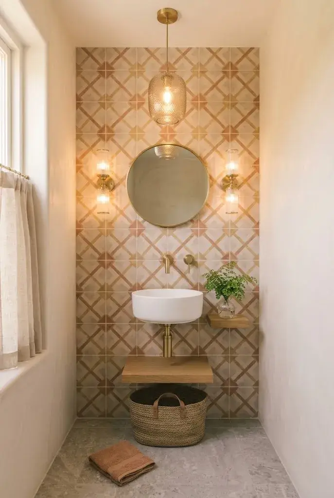 Small round sink with brass faucet and patterned tile in a stylish powder room.