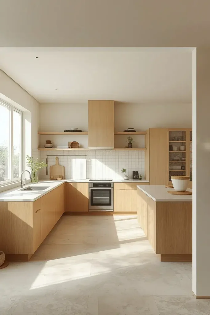 A clean open layout gives this Japandi kitchen a peaceful and uncluttered appearance.
