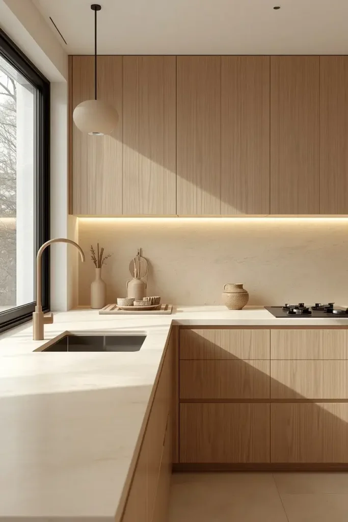 A pale stone countertop adds natural elegance to a warm minimalist Japandi kitchen.