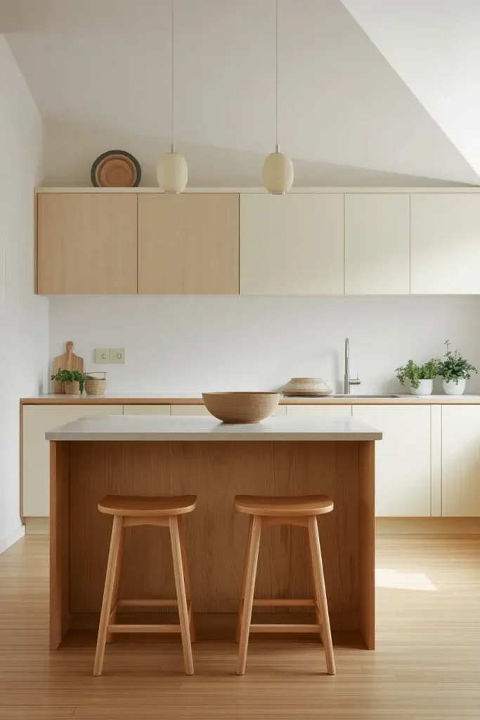 A simple oak island creates a calm and functional centerpiece in this Japandi kitchen.