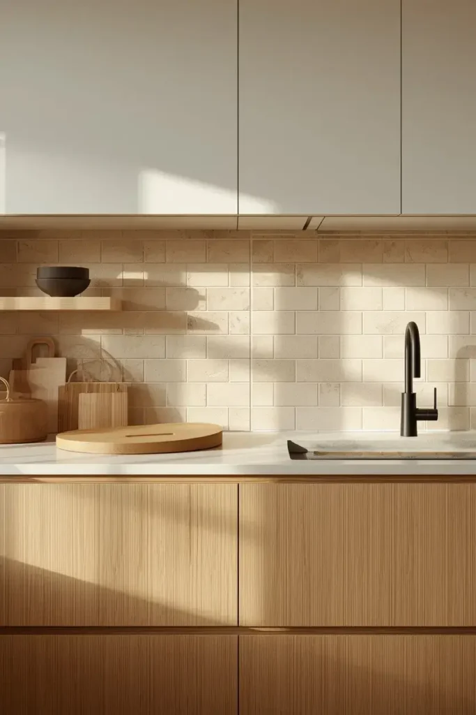  A softly textured cream backsplash adds subtle depth to this Japandi kitchen.