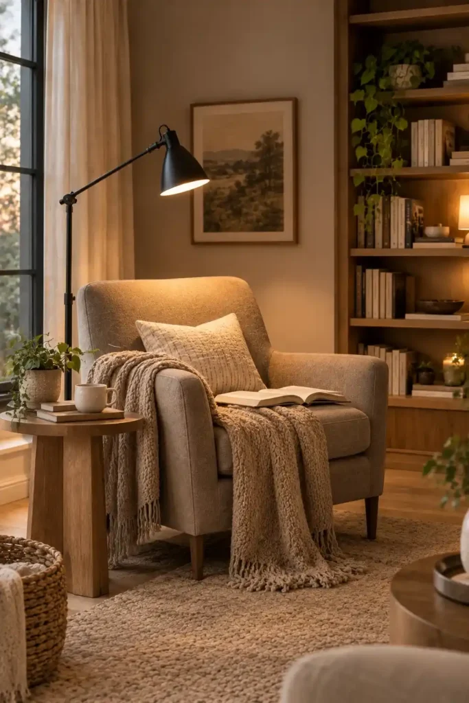 Adjustable black floor lamp positioned beside an armchair for comfortable reading.