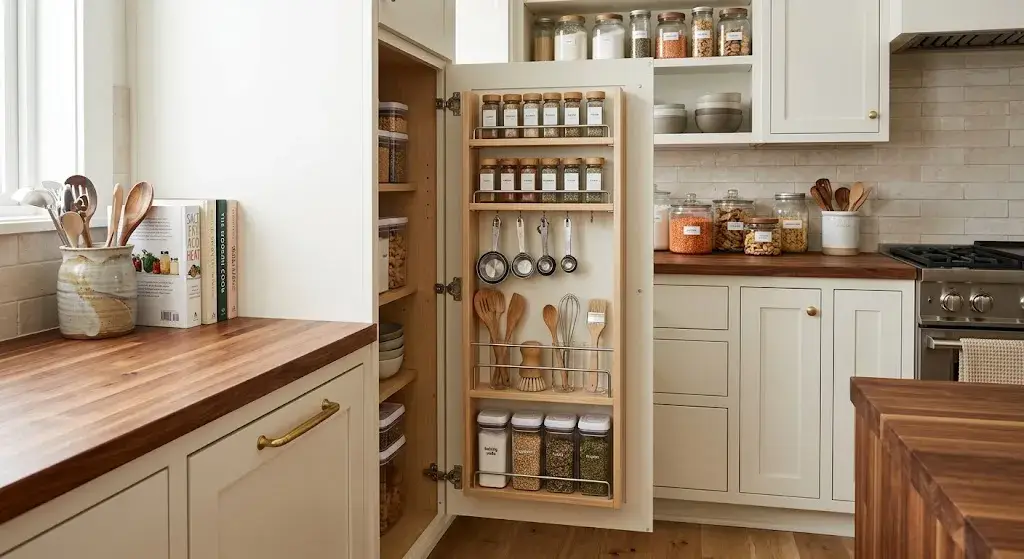 Apartment kitchen cabinet door with organized racks for spices and cooking tools.