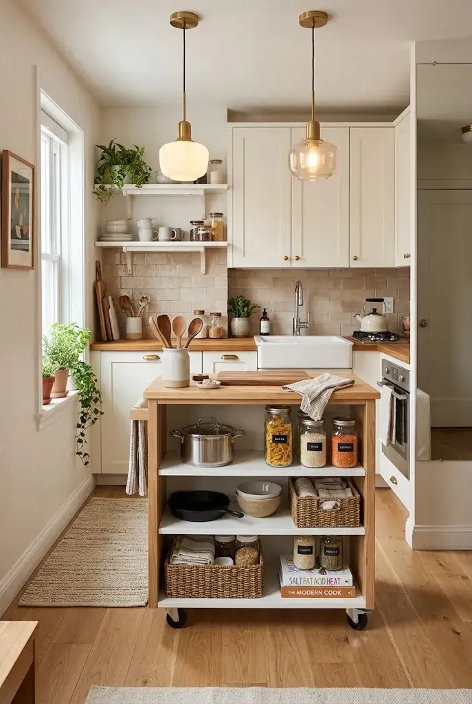 Apartment kitchen with a simple glossy white backsplash and warm neutral cabinets.