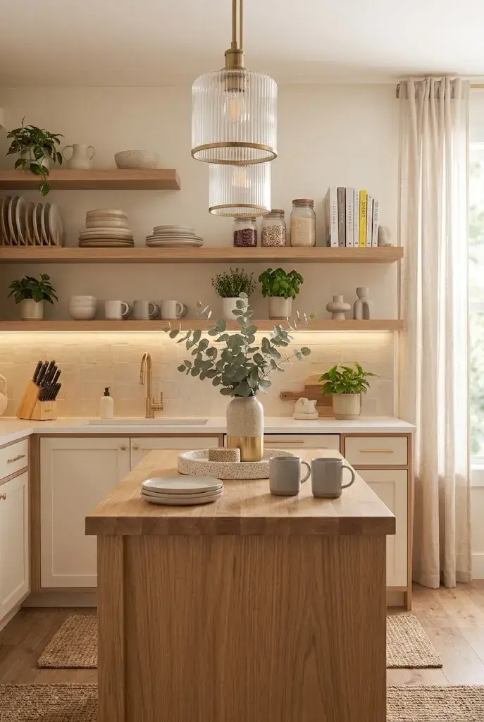 Apartment kitchen with open wood shelves displaying dishes, jars, plants, and decor.