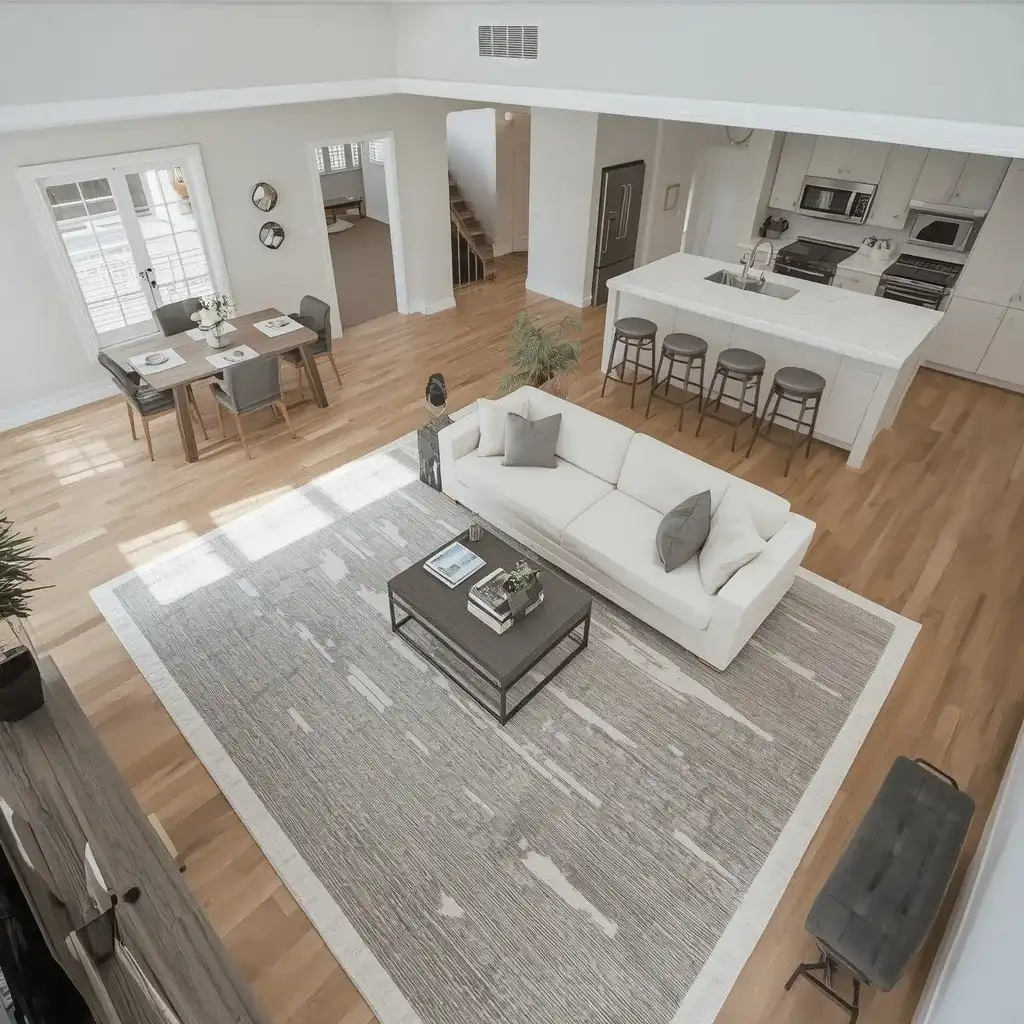 Area rug defining a living room within an open-plan space