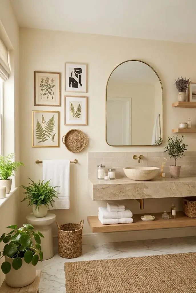 Bathroom with a stylish gallery wall of framed botanical and minimalist artwork.