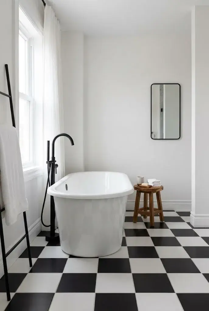 Bathroom with classic black and white checkerboard floor tiles and minimalist white fixtures.