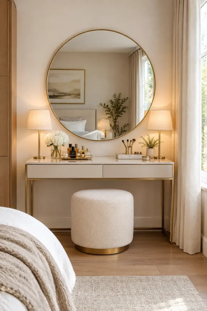 Bedroom vanity with a large round brass mirror and balanced warm lighting.
