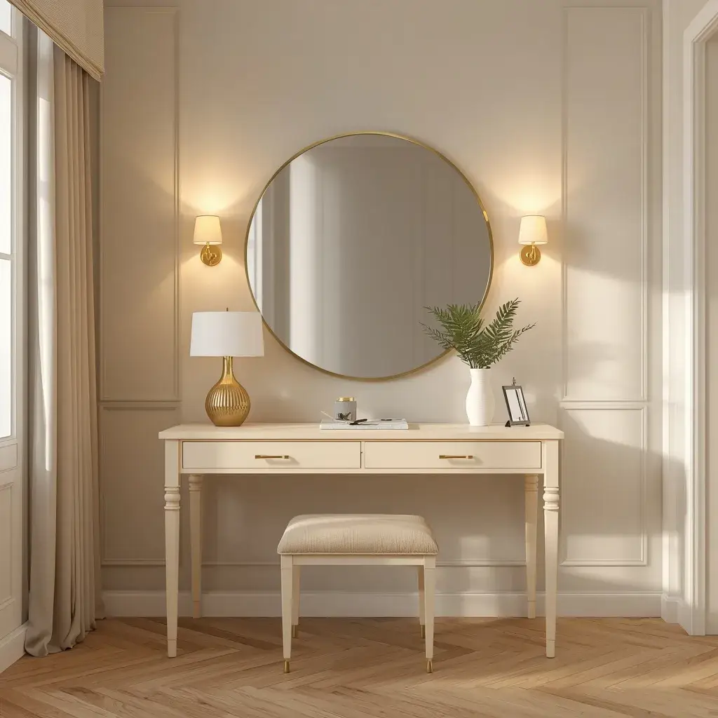 Bedroom vanity with round mirror, matching wall sconces, and warm layered lighting.