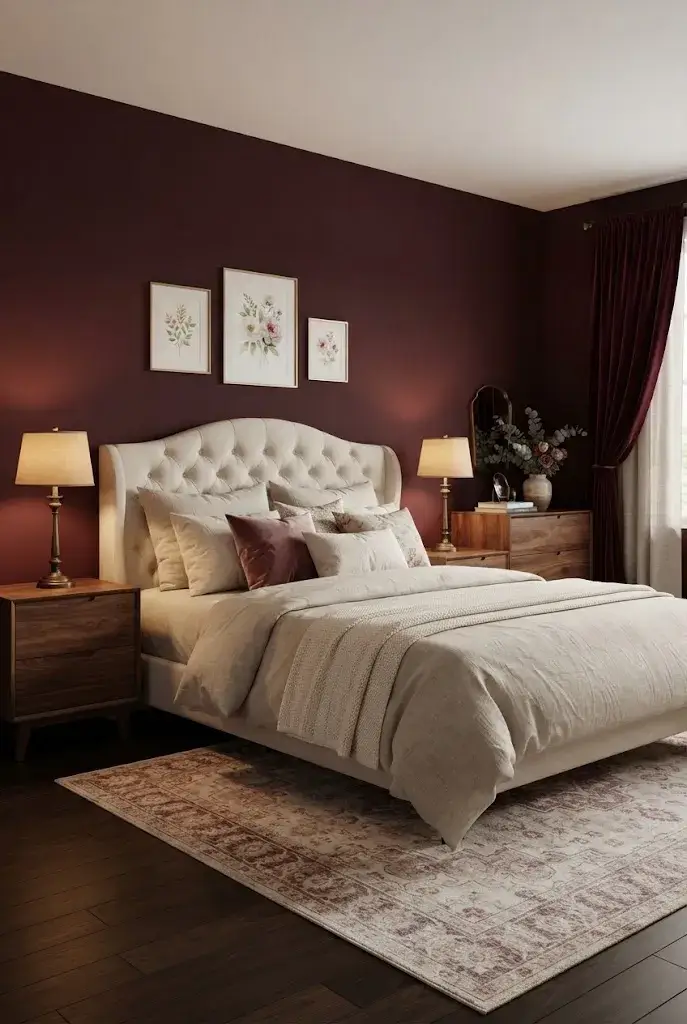 Bedroom with deep burgundy walls, cream bedding, walnut furniture, and warm brass lighting.