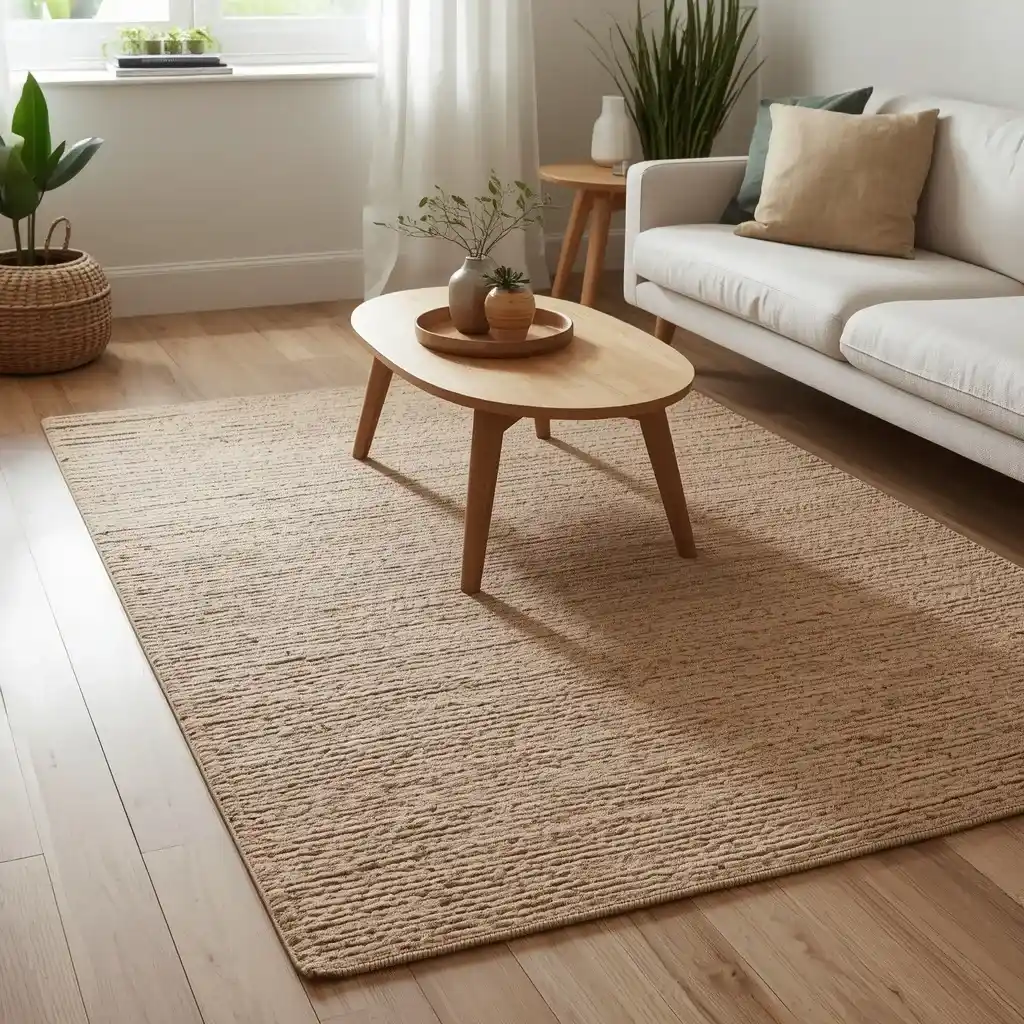 Beige area rug paired with natural wood tones in a living room