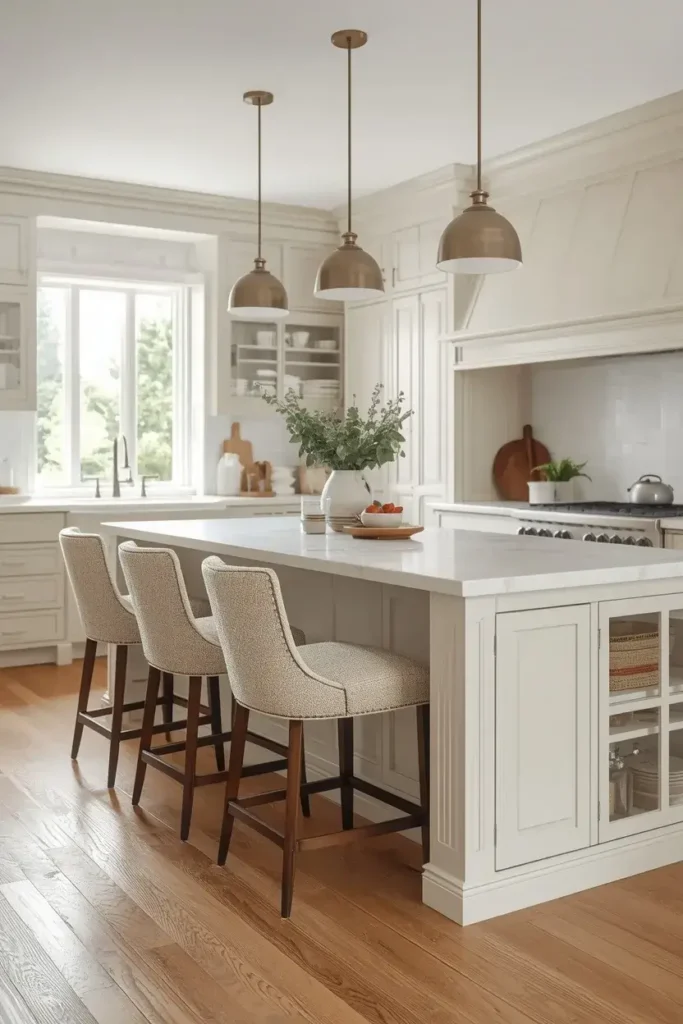 Beige upholstered bar stools arranged around a bright kitchen island.