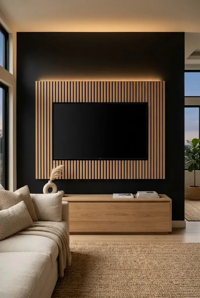 Black TV feature wall with vertical wood slats, hidden cables, and warm LED lighting.