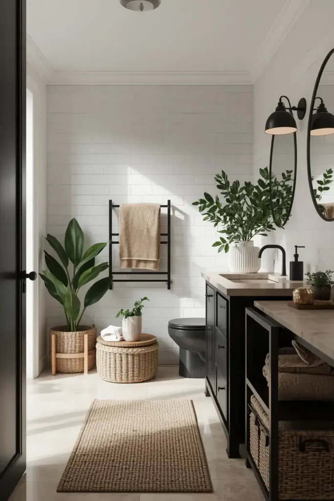 Black and white bathroom softened with green plants, natural wood, woven baskets, and warm accessories.