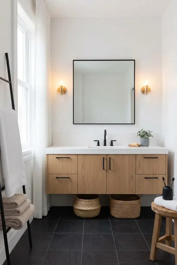 Black and white bathroom warmed by a light oak vanity, woven baskets, and natural wood accessories.