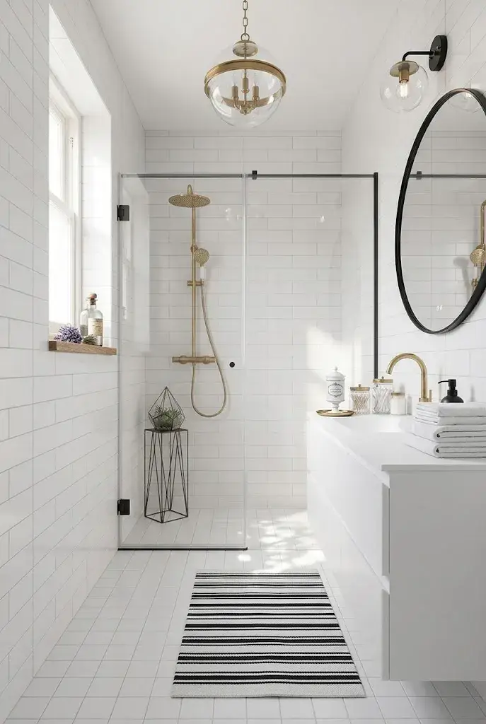 Black and white striped rug in a classic bathroom