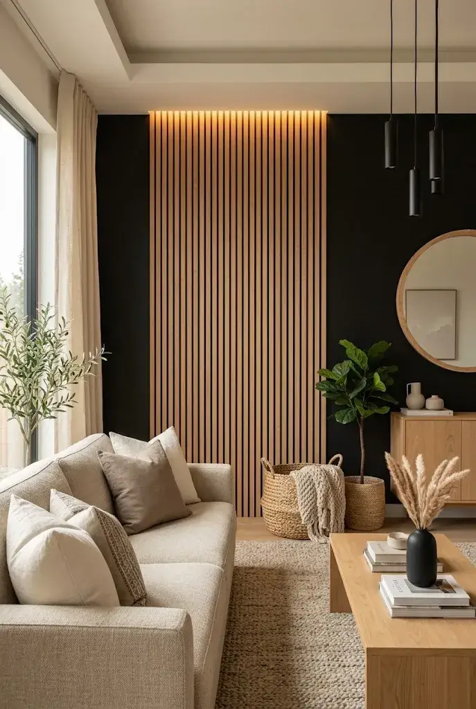 Black and wood feature wall styled with cream, beige, linen, and natural textures.