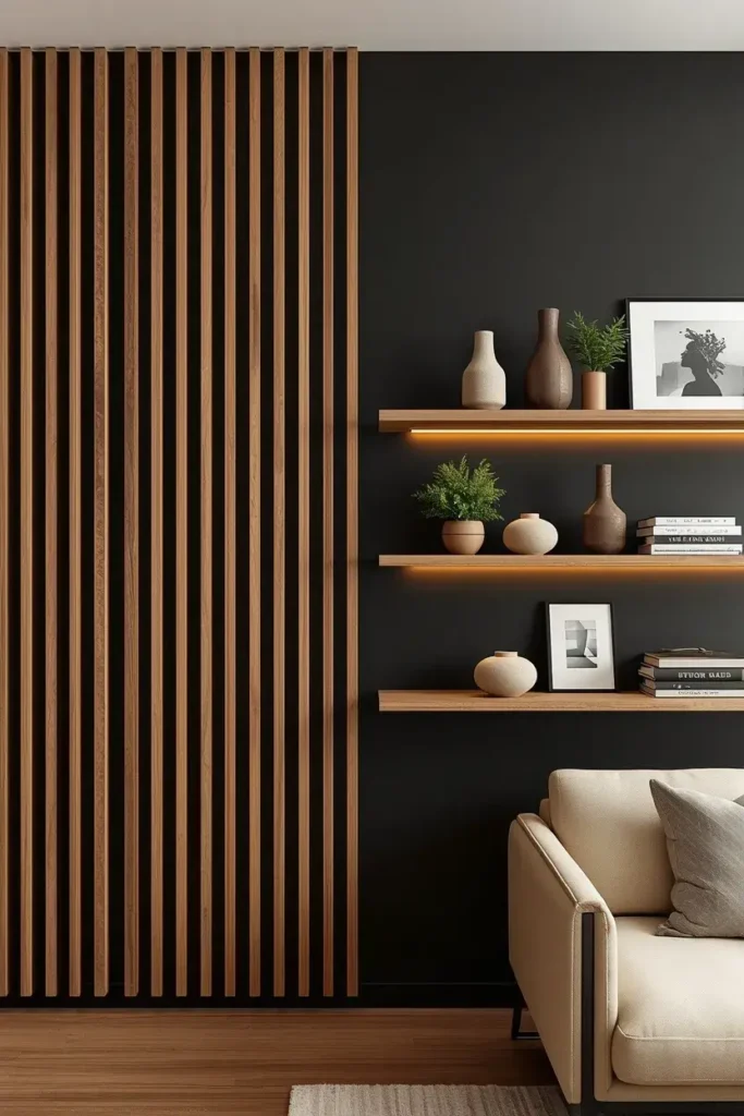 Black and wood slat feature wall with floating shelves styled with plants, books, and ceramics.
