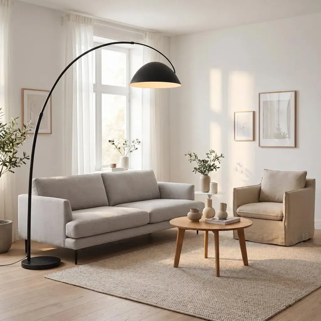Black arched floor lamp extending over a cream sofa in a cozy modern living room.