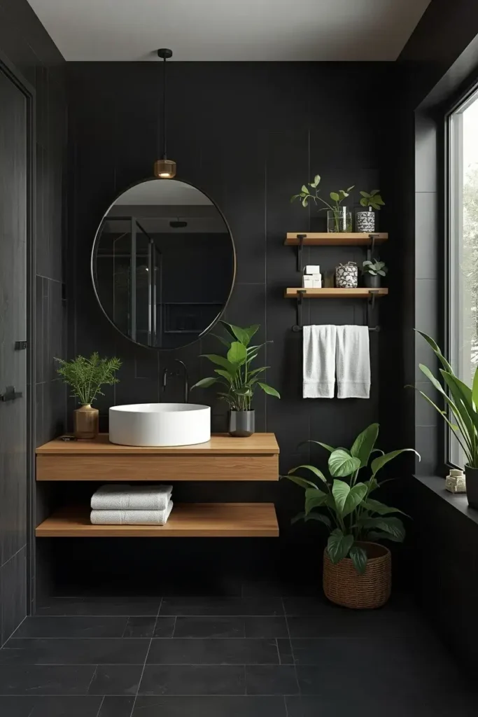 Black bathroom decorated with green plants, natural wood vanity, and floating shelves.