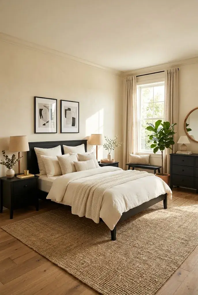 Black bedroom furniture against cream walls with ivory bedding and natural accents.