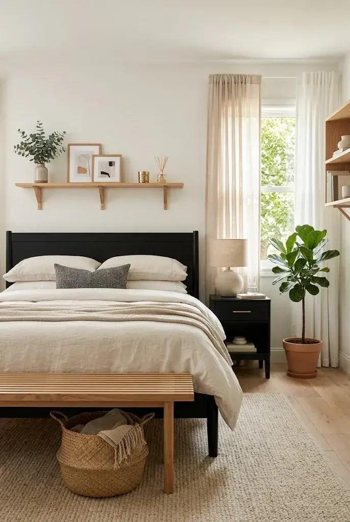 Black bedroom furniture combined with natural wood accents, cream textiles, and greenery.