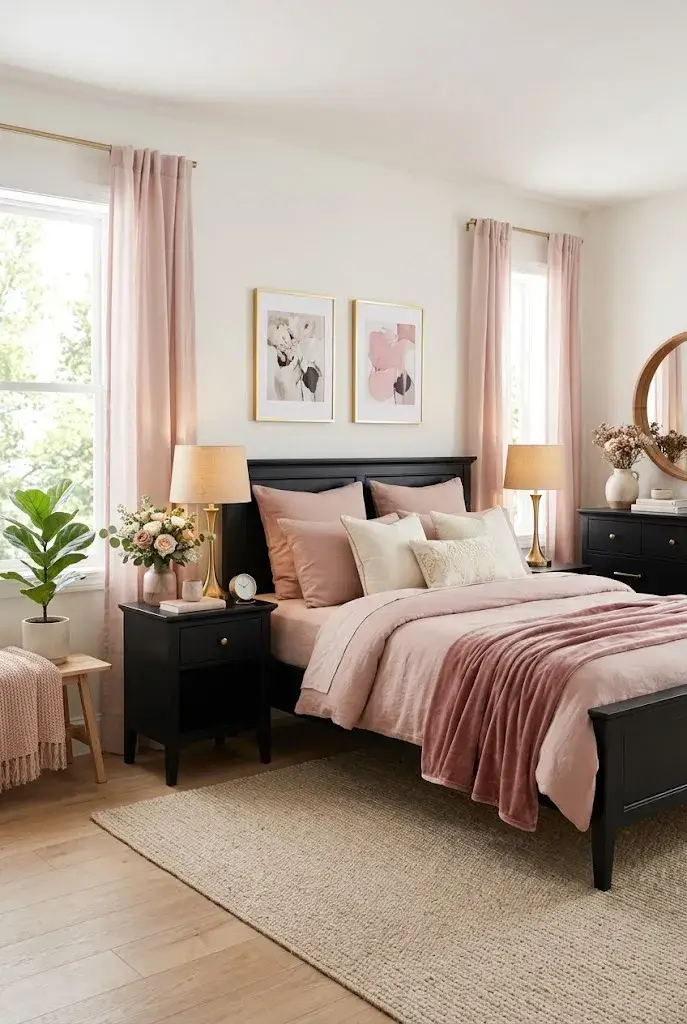 Black bedroom furniture paired with soft blush pink bedding and warm neutral accents.