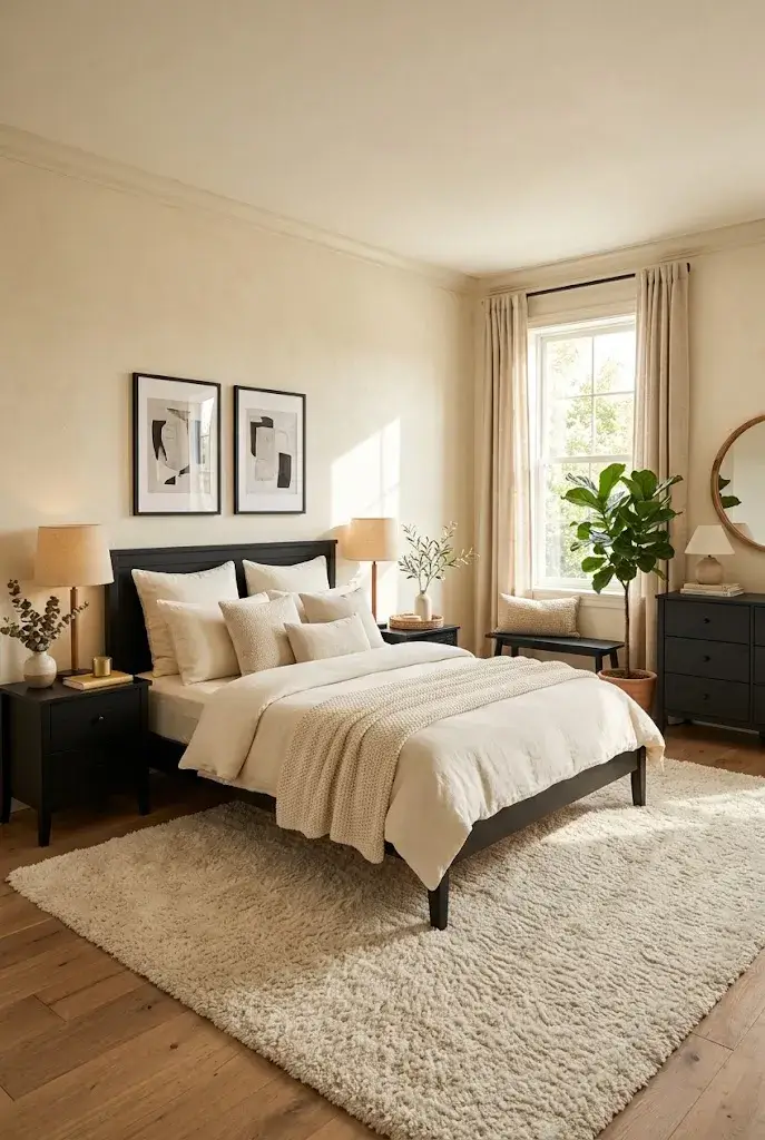 Black bedroom furniture placed over a large soft cream rug with cozy neutral decor.